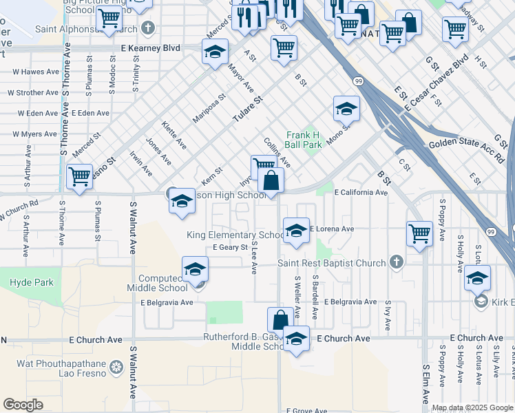 map of restaurants, bars, coffee shops, grocery stores, and more near 2141 South Lee Avenue in Fresno