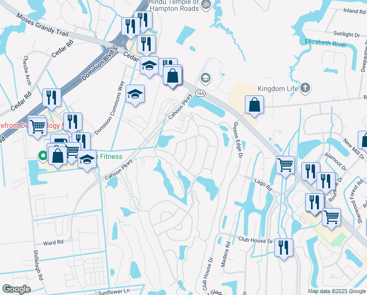map of restaurants, bars, coffee shops, grocery stores, and more near 407 Galies Pointe Lane in Chesapeake