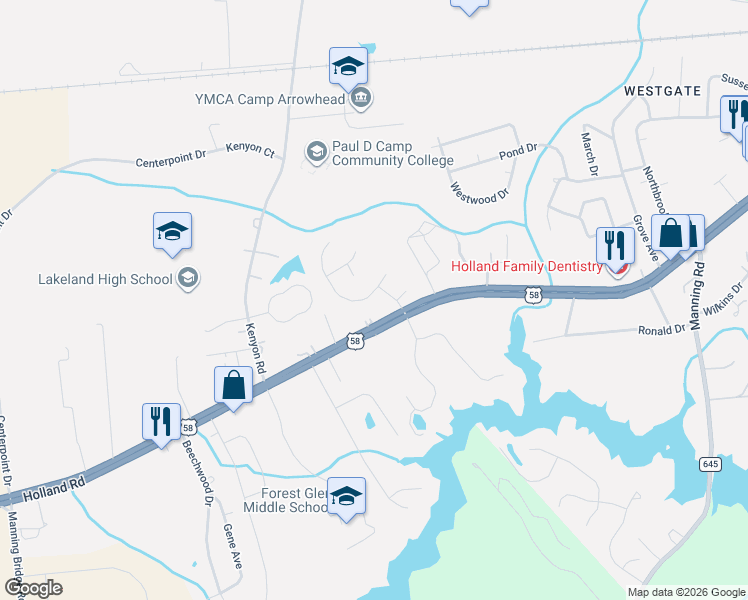 map of restaurants, bars, coffee shops, grocery stores, and more near 1830 Holland Road in Suffolk