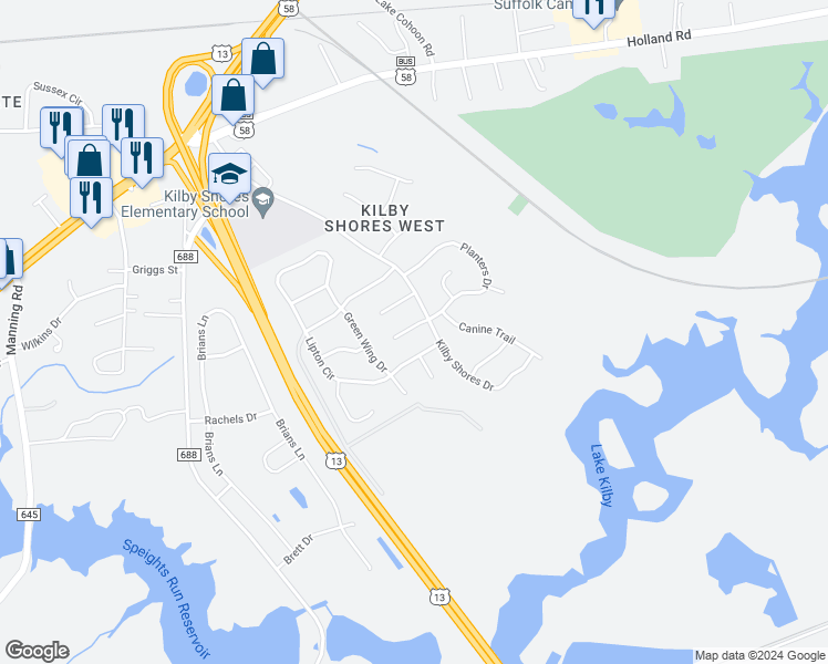 map of restaurants, bars, coffee shops, grocery stores, and more near 1431 Redwood Court in Suffolk