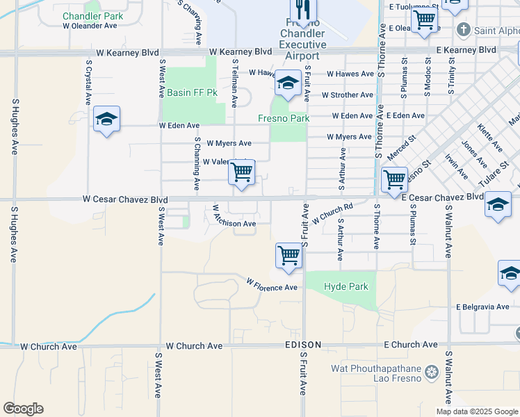 map of restaurants, bars, coffee shops, grocery stores, and more near 706 West California Avenue in Fresno