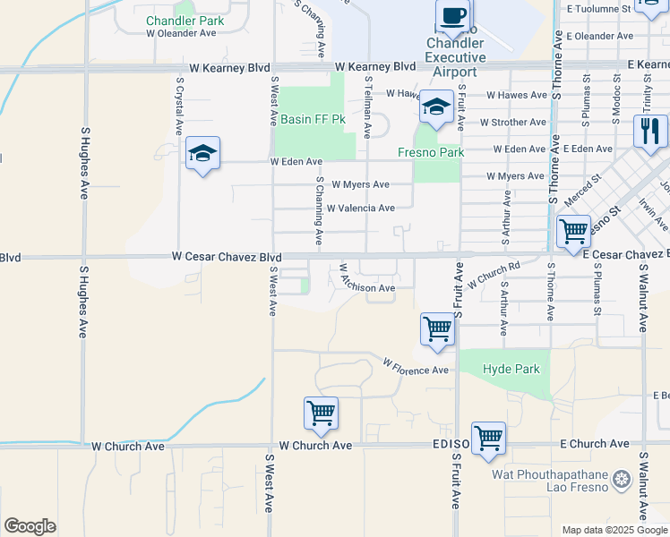map of restaurants, bars, coffee shops, grocery stores, and more near 1011 West Atchison Avenue in Fresno