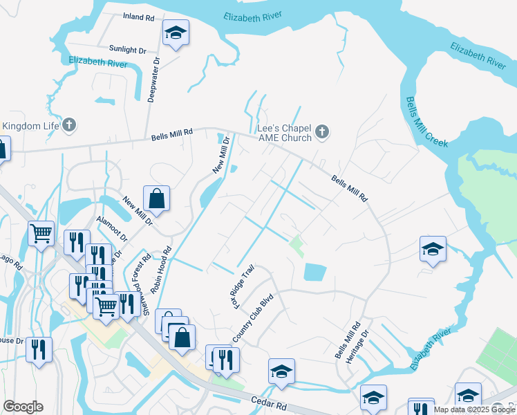 map of restaurants, bars, coffee shops, grocery stores, and more near 320 Belle Ridge Court in Chesapeake