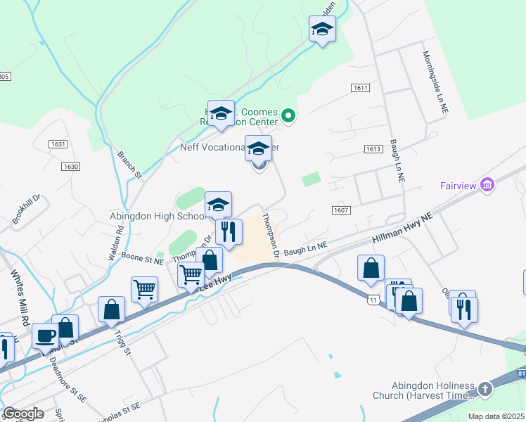 map of restaurants, bars, coffee shops, grocery stores, and more near 812 Thompson Drive in Abingdon
