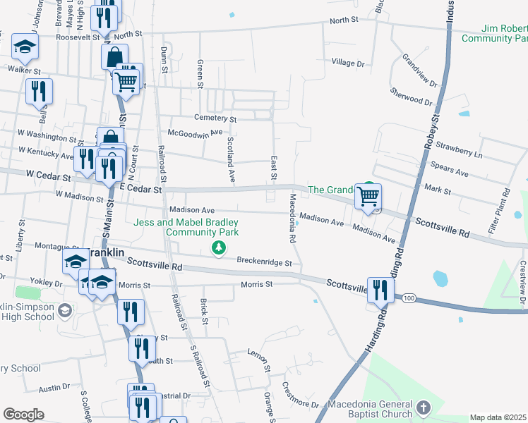 map of restaurants, bars, coffee shops, grocery stores, and more near 515 East Madison Street in Franklin