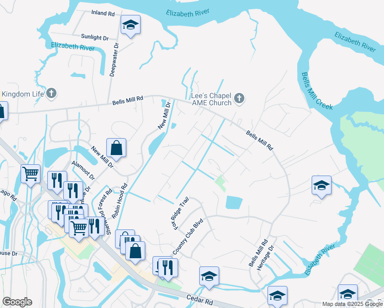 map of restaurants, bars, coffee shops, grocery stores, and more near 320 Belle Ridge Court in Chesapeake