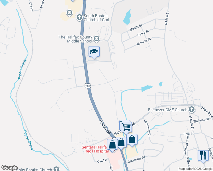 map of restaurants, bars, coffee shops, grocery stores, and more near 2658-2714 Fernwick Drive in South Boston