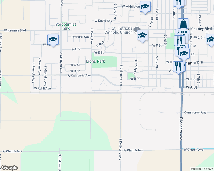 map of restaurants, bars, coffee shops, grocery stores, and more near 15649 West California Avenue in Kerman