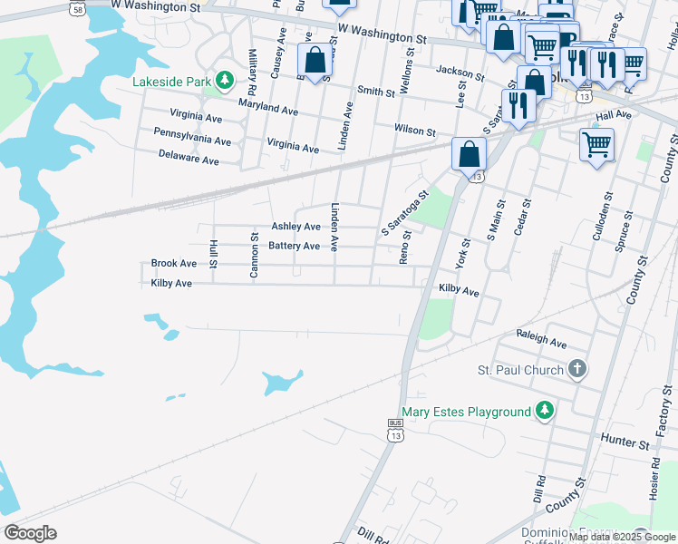 map of restaurants, bars, coffee shops, grocery stores, and more near 523 Brook Avenue in Suffolk