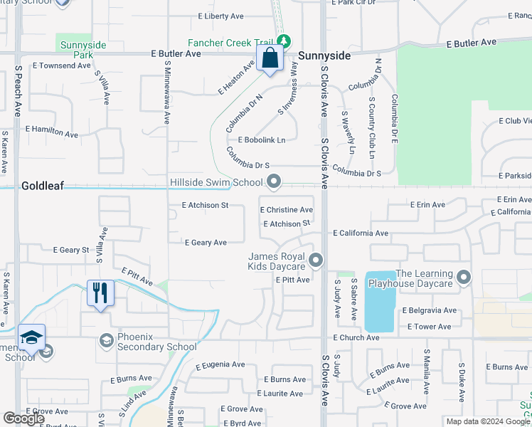 map of restaurants, bars, coffee shops, grocery stores, and more near 5516 East Christine Avenue in Fresno