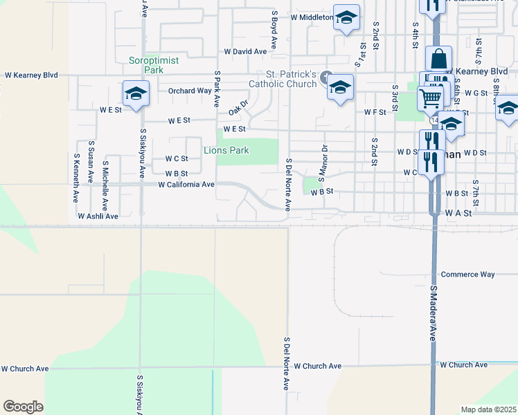 map of restaurants, bars, coffee shops, grocery stores, and more near 15627 West B Street in Kerman