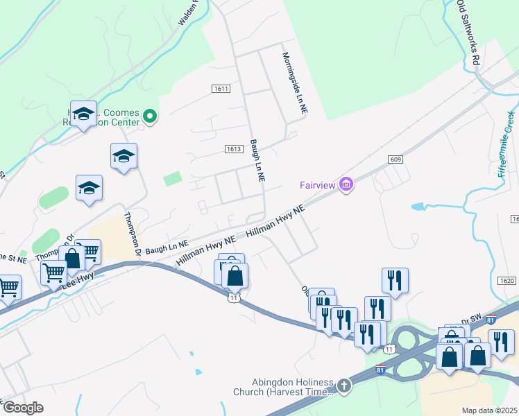map of restaurants, bars, coffee shops, grocery stores, and more near 801-847 County Road 1607 in Abingdon