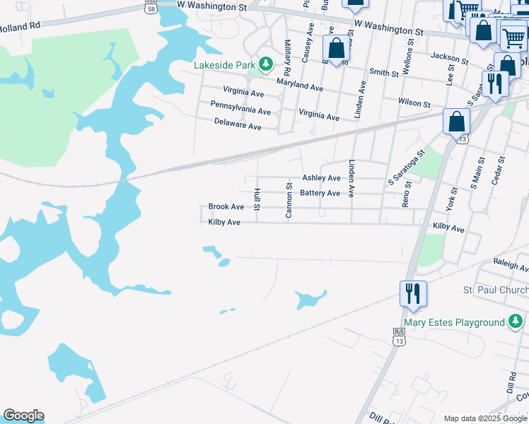 map of restaurants, bars, coffee shops, grocery stores, and more near 829 Brook Avenue in Suffolk