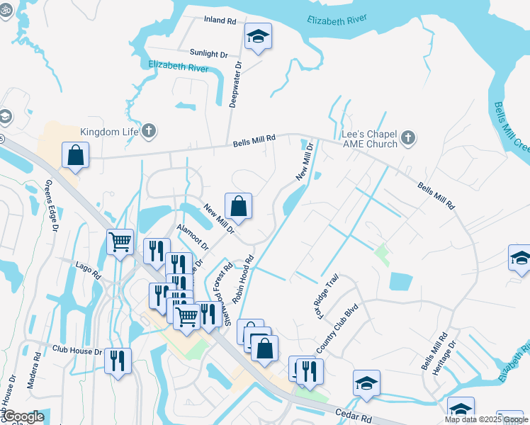 map of restaurants, bars, coffee shops, grocery stores, and more near 904 Will Scarlet Way in Chesapeake