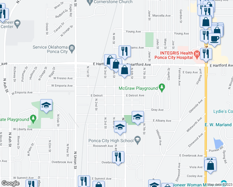 map of restaurants, bars, coffee shops, grocery stores, and more near 405 East Detroit Avenue in Ponca City