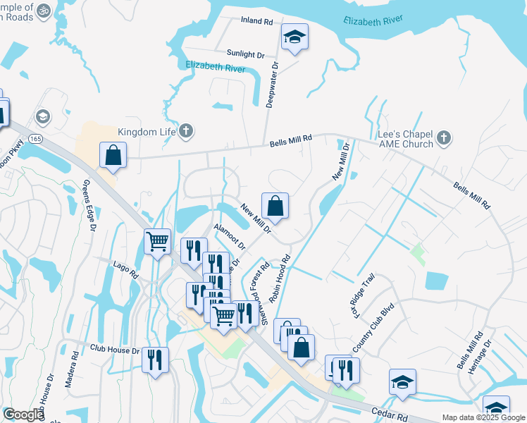 map of restaurants, bars, coffee shops, grocery stores, and more near 112 Maid Marion Circle in Chesapeake