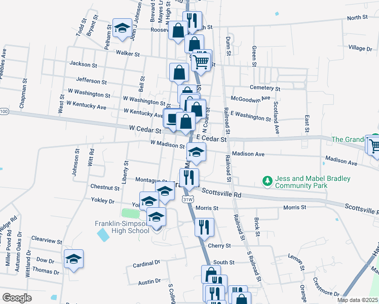 map of restaurants, bars, coffee shops, grocery stores, and more near 211 South Main Street in Franklin