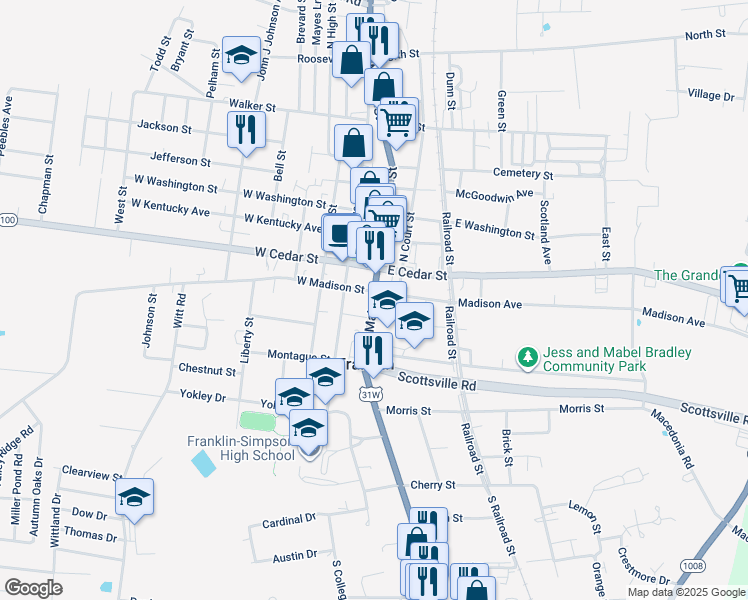 map of restaurants, bars, coffee shops, grocery stores, and more near 211 South Main Street in Franklin