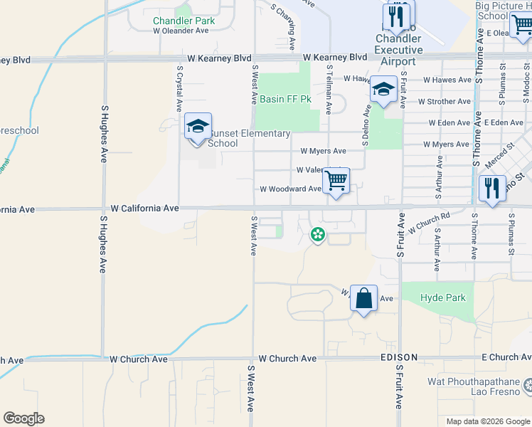 map of restaurants, bars, coffee shops, grocery stores, and more near 1226 West California Avenue in Fresno