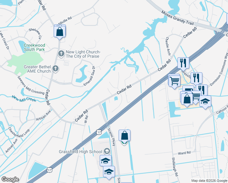map of restaurants, bars, coffee shops, grocery stores, and more near 533 Dorothy Court in Chesapeake