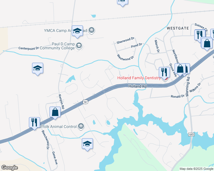 map of restaurants, bars, coffee shops, grocery stores, and more near 1804 Savoy Court in Suffolk
