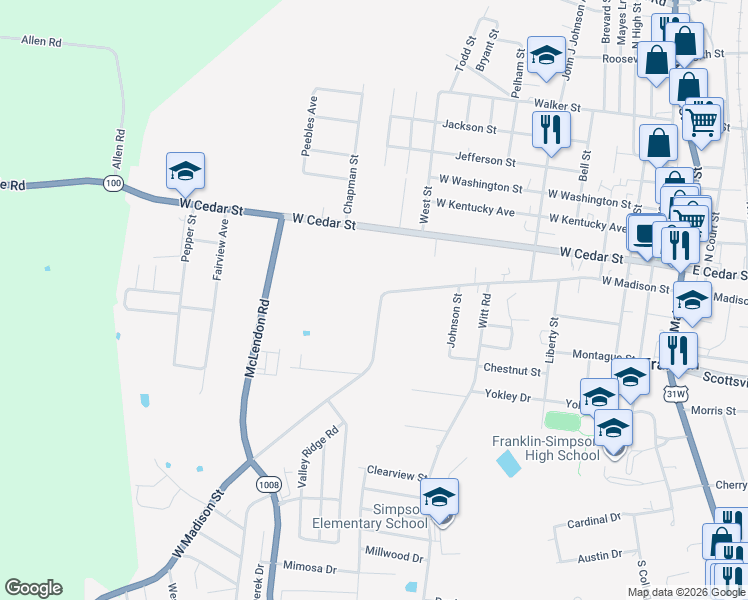 map of restaurants, bars, coffee shops, grocery stores, and more near 802 West Madison Street in Franklin