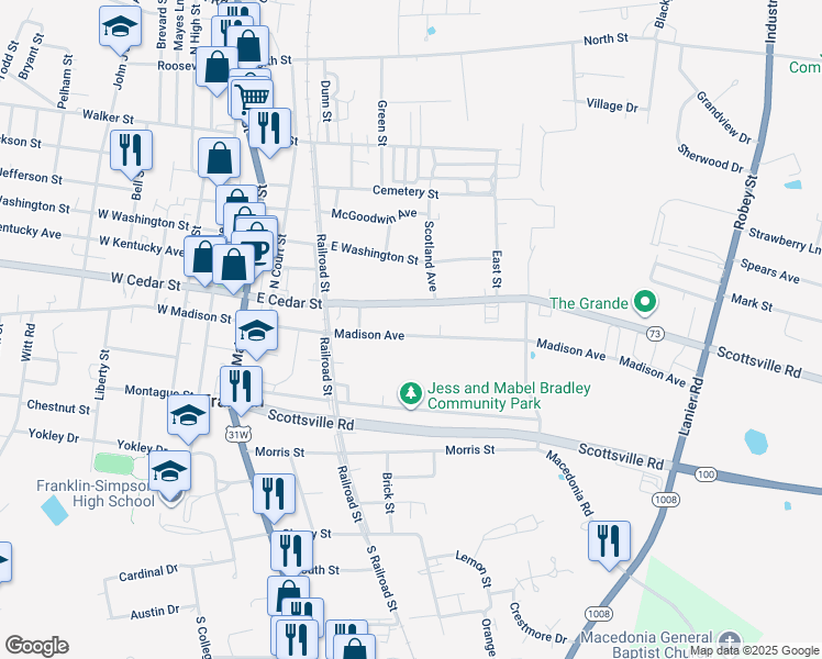 map of restaurants, bars, coffee shops, grocery stores, and more near 406 East Cedar Street in Franklin