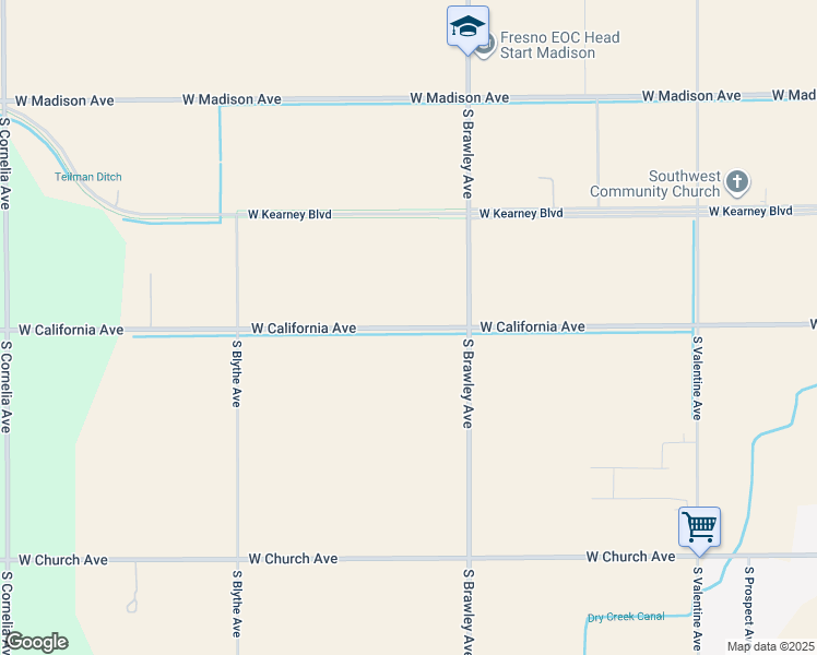 map of restaurants, bars, coffee shops, grocery stores, and more near 4338 West California Avenue in Fresno