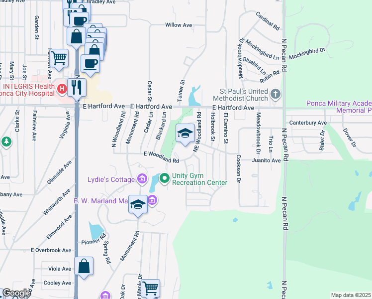 map of restaurants, bars, coffee shops, grocery stores, and more near 2005 East Woodland Road in Ponca City
