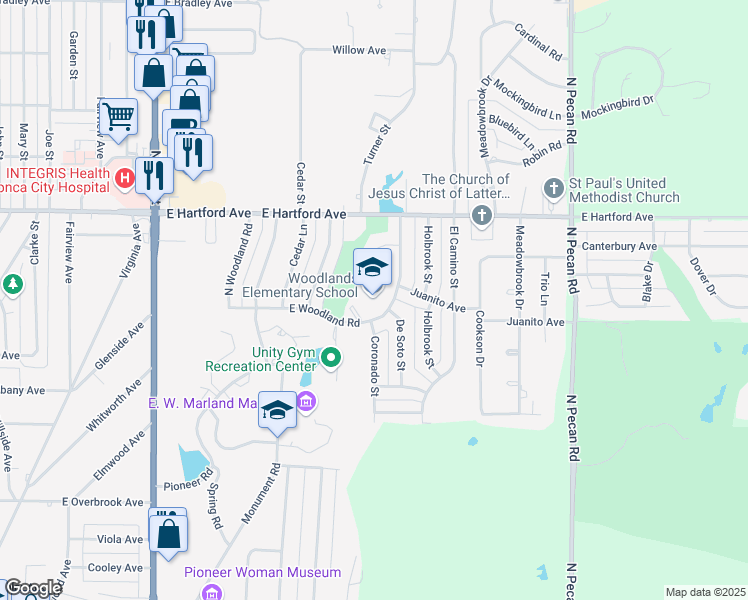 map of restaurants, bars, coffee shops, grocery stores, and more near 2005 East Woodland Road in Ponca City