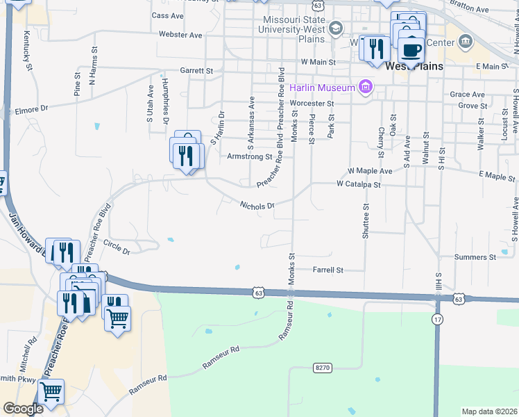 map of restaurants, bars, coffee shops, grocery stores, and more near 924 Nichols Drive in West Plains