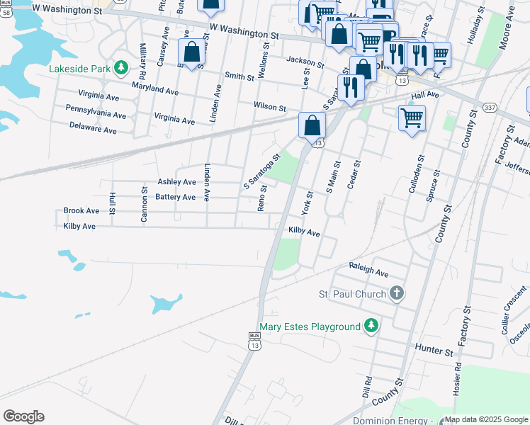map of restaurants, bars, coffee shops, grocery stores, and more near 422 Reno Street in Suffolk