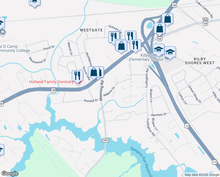 map of restaurants, bars, coffee shops, grocery stores, and more near 1538 Wilkins Drive in Suffolk