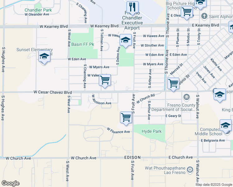 map of restaurants, bars, coffee shops, grocery stores, and more near 706 West California Avenue in Fresno