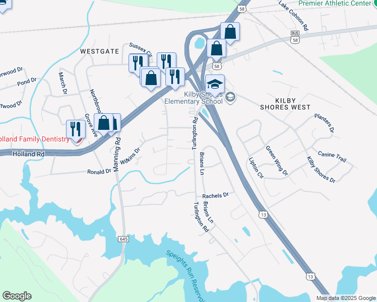 map of restaurants, bars, coffee shops, grocery stores, and more near 2027 Brian's Lane in Suffolk
