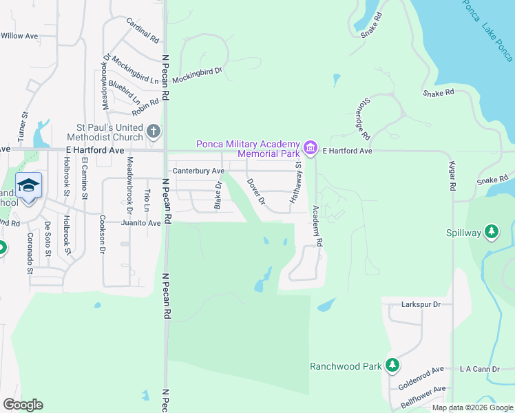 map of restaurants, bars, coffee shops, grocery stores, and more near 1700 Dover Drive in Ponca City