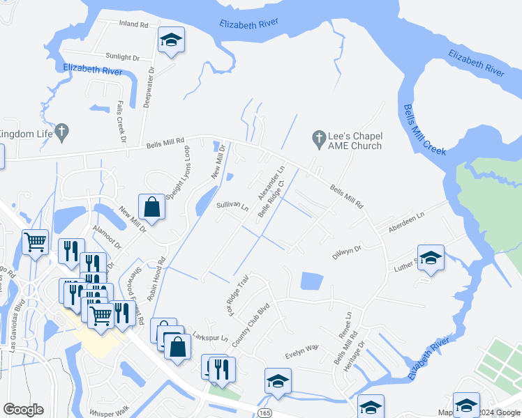 map of restaurants, bars, coffee shops, grocery stores, and more near 328 Belle Ridge Court in Chesapeake
