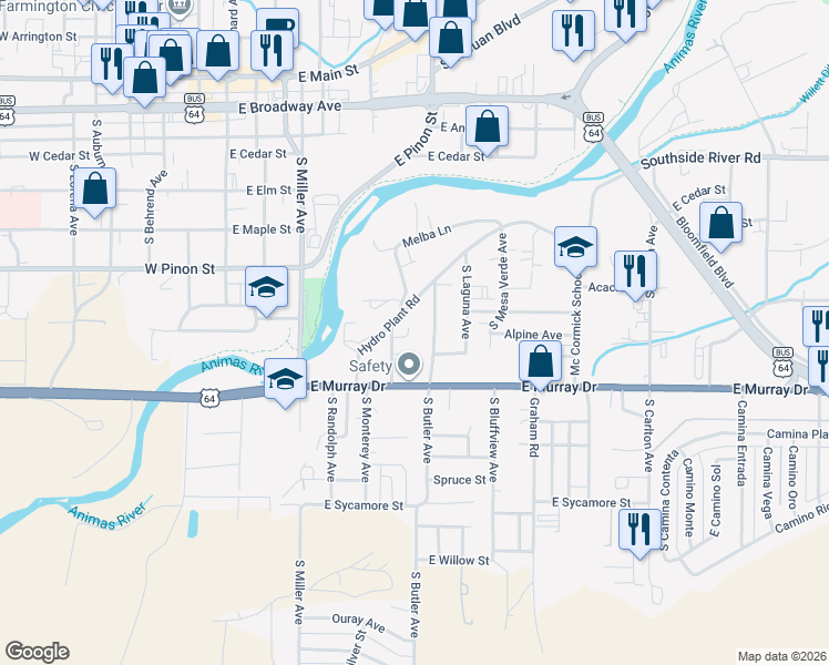 map of restaurants, bars, coffee shops, grocery stores, and more near 811 South Butler Avenue in Farmington