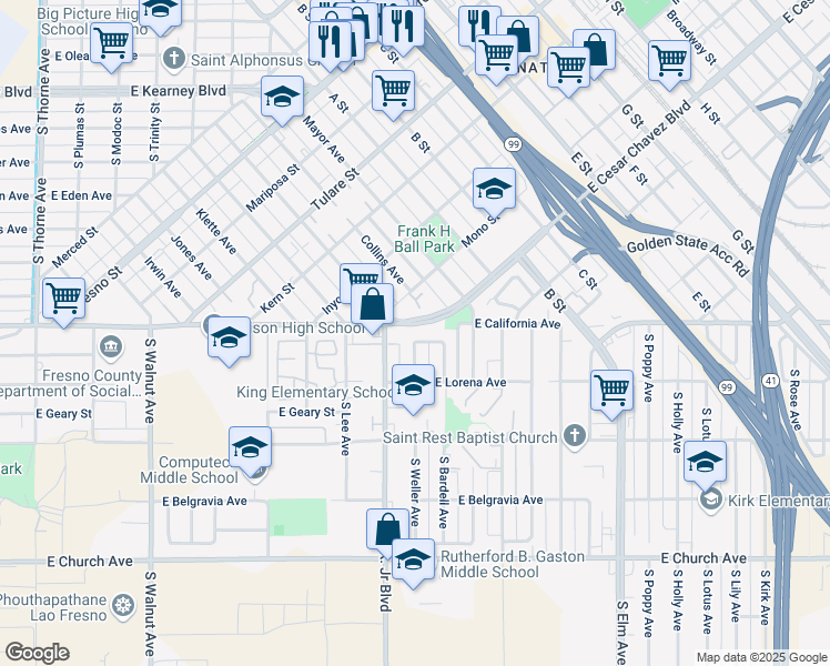 map of restaurants, bars, coffee shops, grocery stores, and more near 1005 East Atchison Street in Fresno