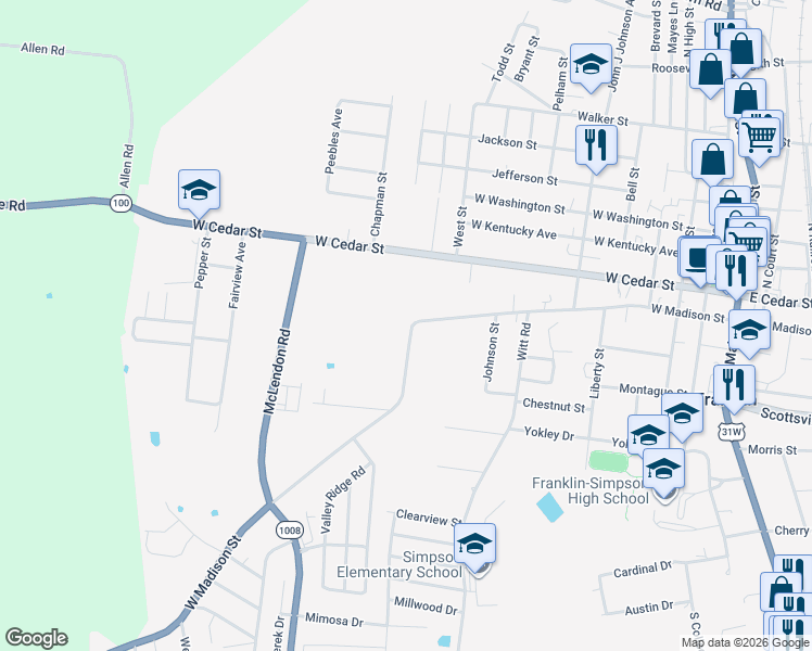 map of restaurants, bars, coffee shops, grocery stores, and more near 802 West Madison Street in Franklin