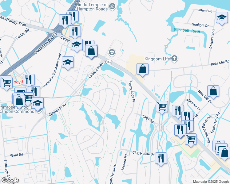 map of restaurants, bars, coffee shops, grocery stores, and more near 1503 Scoonie Pointe Drive in Chesapeake