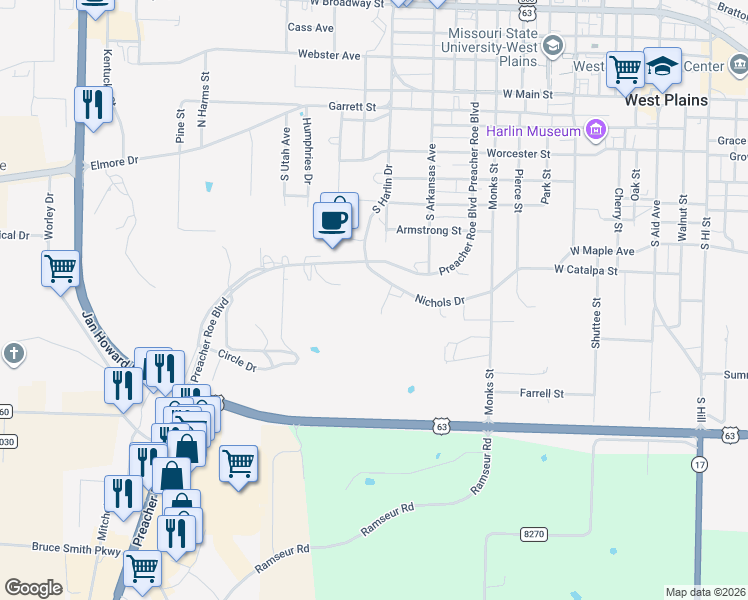 map of restaurants, bars, coffee shops, grocery stores, and more near 924 Nichols Drive in West Plains