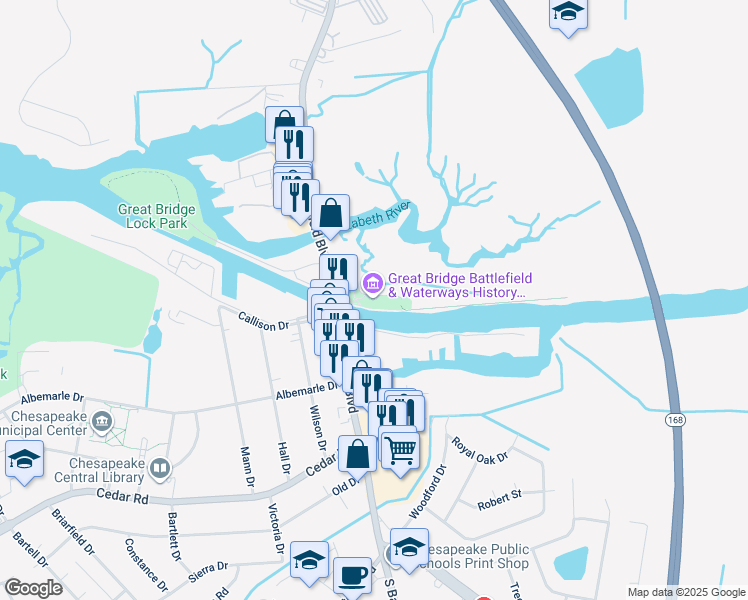 map of restaurants, bars, coffee shops, grocery stores, and more near 1775 Historic Way in Chesapeake