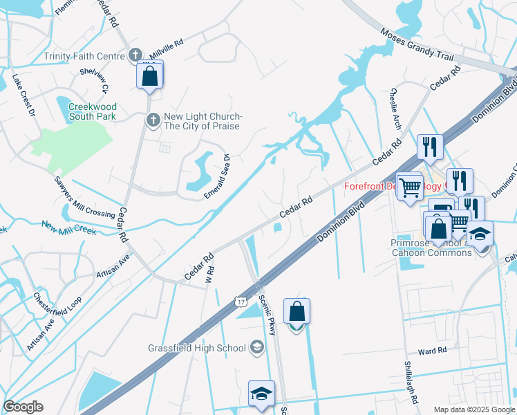 map of restaurants, bars, coffee shops, grocery stores, and more near 2024 Cedar Road in Chesapeake