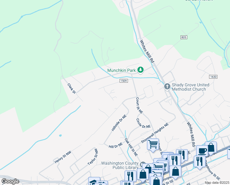 map of restaurants, bars, coffee shops, grocery stores, and more near 174 Valley View Drive Northeast in Abingdon