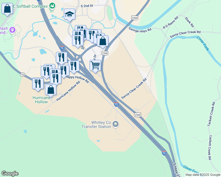 map of restaurants, bars, coffee shops, grocery stores, and more near 1705 S Highway 25 in Williamsburg