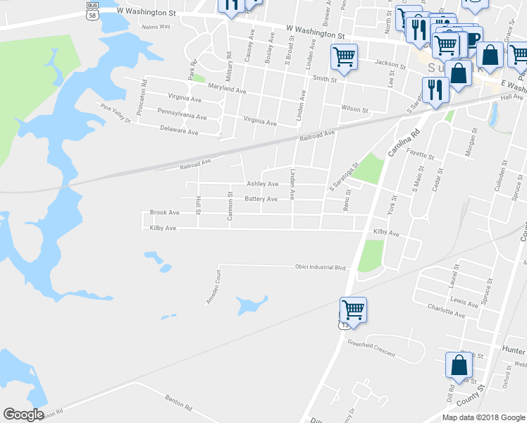 map of restaurants, bars, coffee shops, grocery stores, and more near 632 Brook Avenue in Suffolk