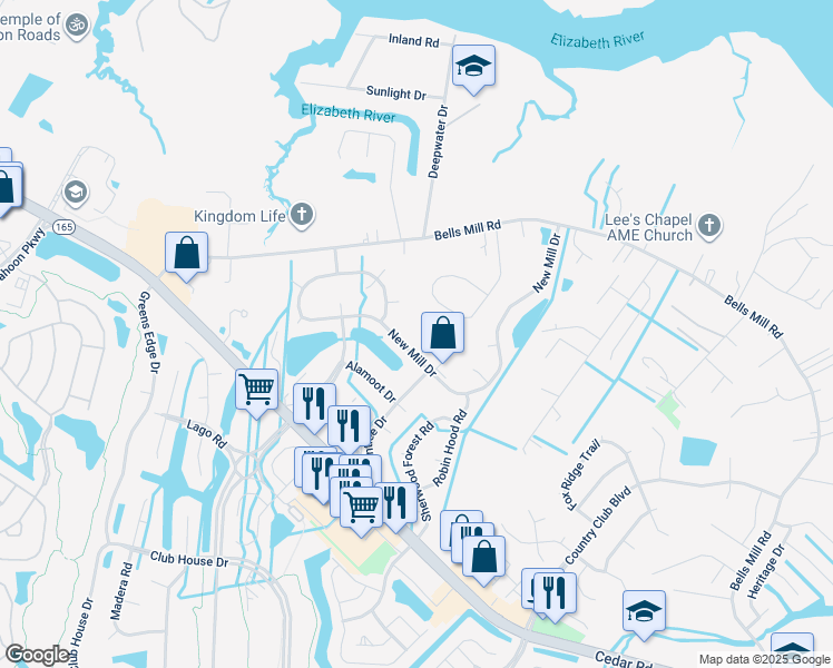map of restaurants, bars, coffee shops, grocery stores, and more near 112 Maid Marion Circle in Chesapeake