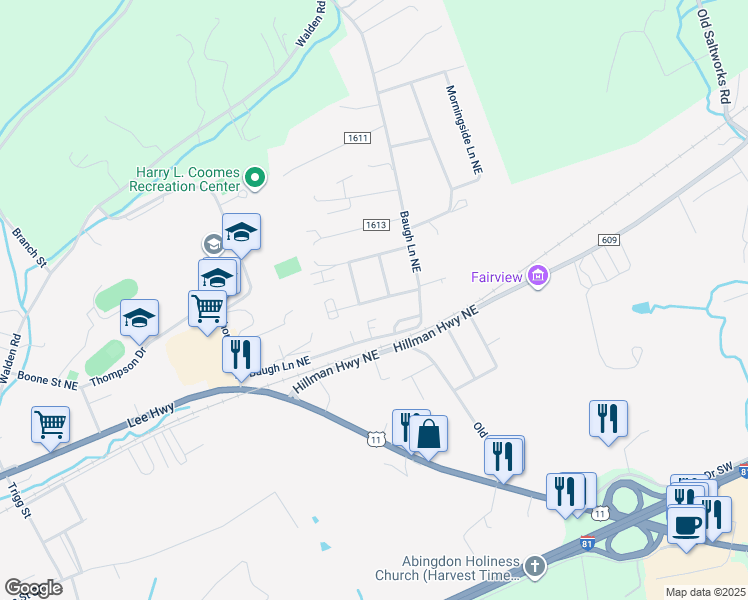 map of restaurants, bars, coffee shops, grocery stores, and more near County Road 1607 in Abingdon