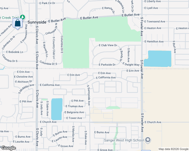 map of restaurants, bars, coffee shops, grocery stores, and more near 5828 East Erin Avenue in Fresno